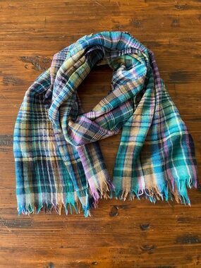 Talbots Lightweight Wool Scarf Wrap Shawl Teal Purple Plaid Cozy Preppy Academia